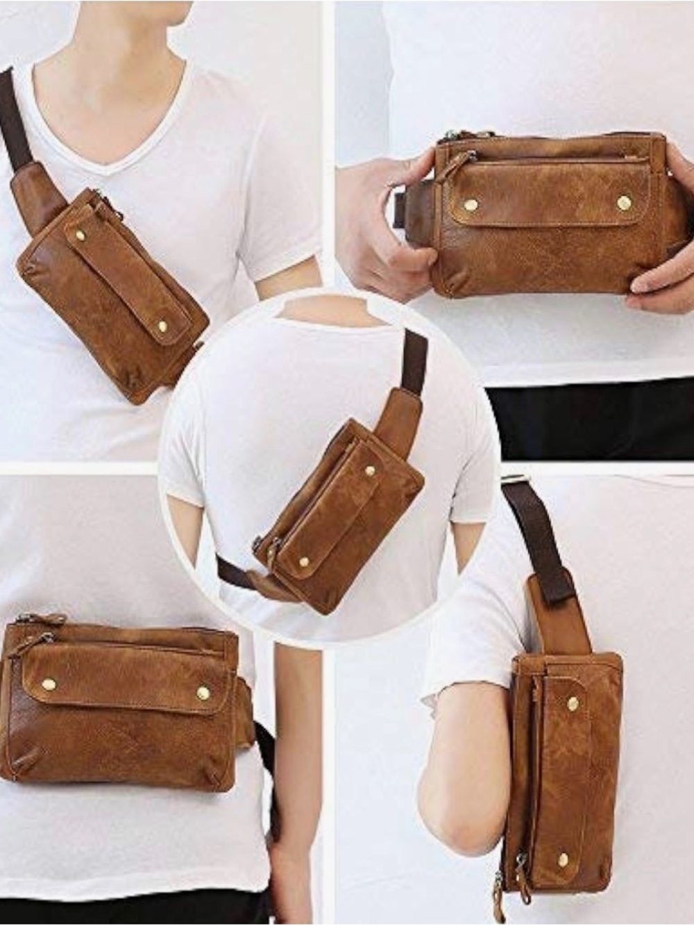 Hands Free Fanny Pack Brown Leather Sling Belt Bag - Casual Crossbody Bag